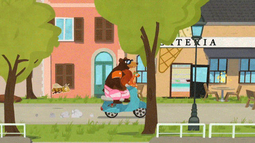 Gif shows Squirrel and Bear riding on a scooter, boat and plane.